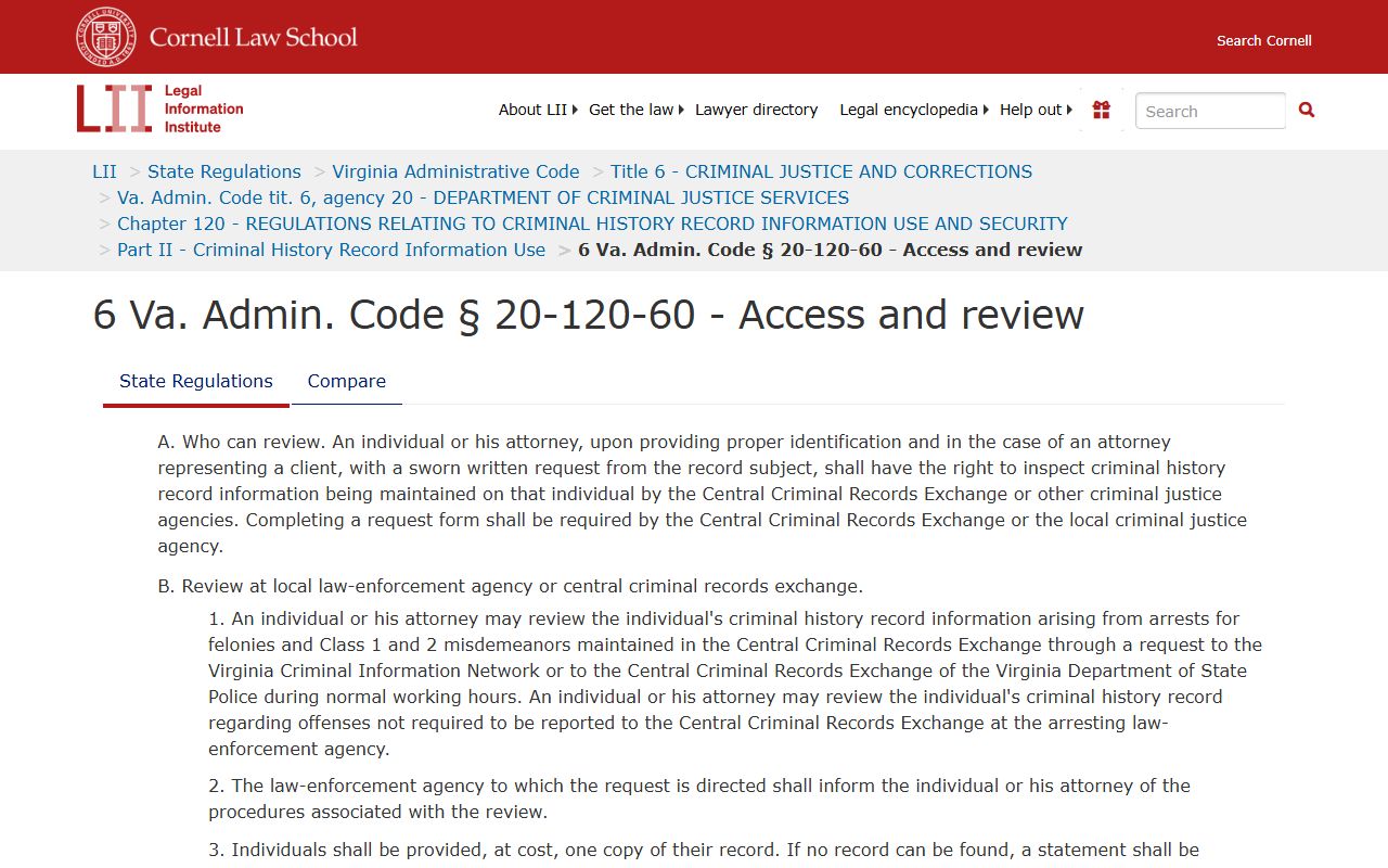 Virginia Administrative Code 6VAC20-120-60 criminal records access and challenge procedures