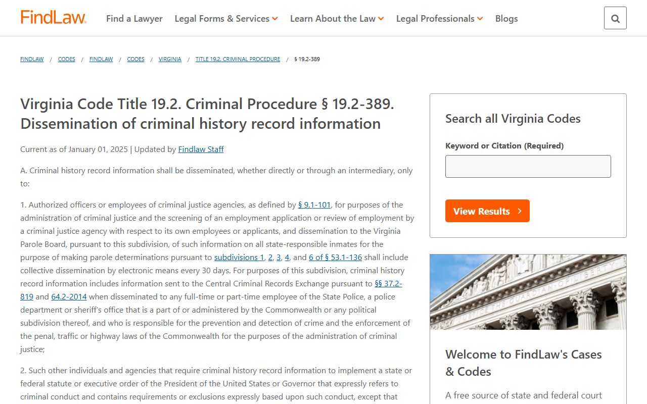 Virginia Code 19.2-389 governing dissemination of criminal history record information