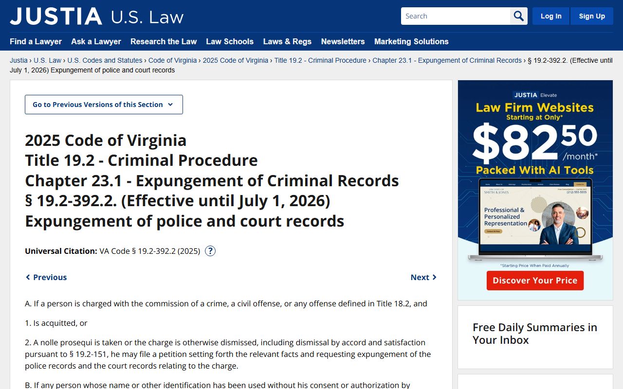 Virginia Code 19.2-392.2 expungement of police and court arrest records