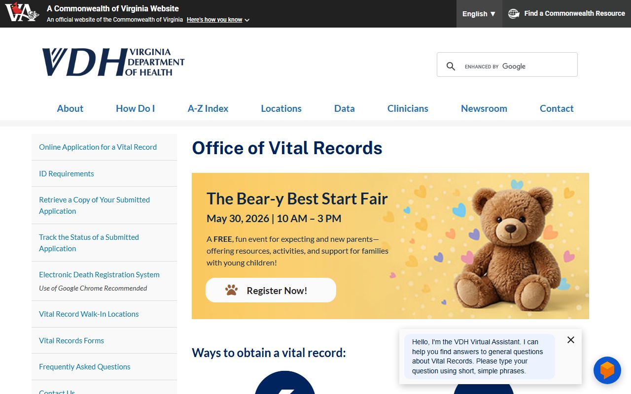 Virginia Department of Health vital records for identity verification in criminal cases