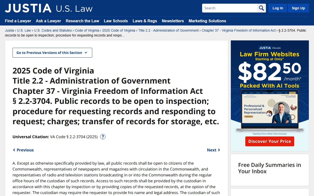 Virginia Freedom of Information Act FOIA - public access to arrest records law