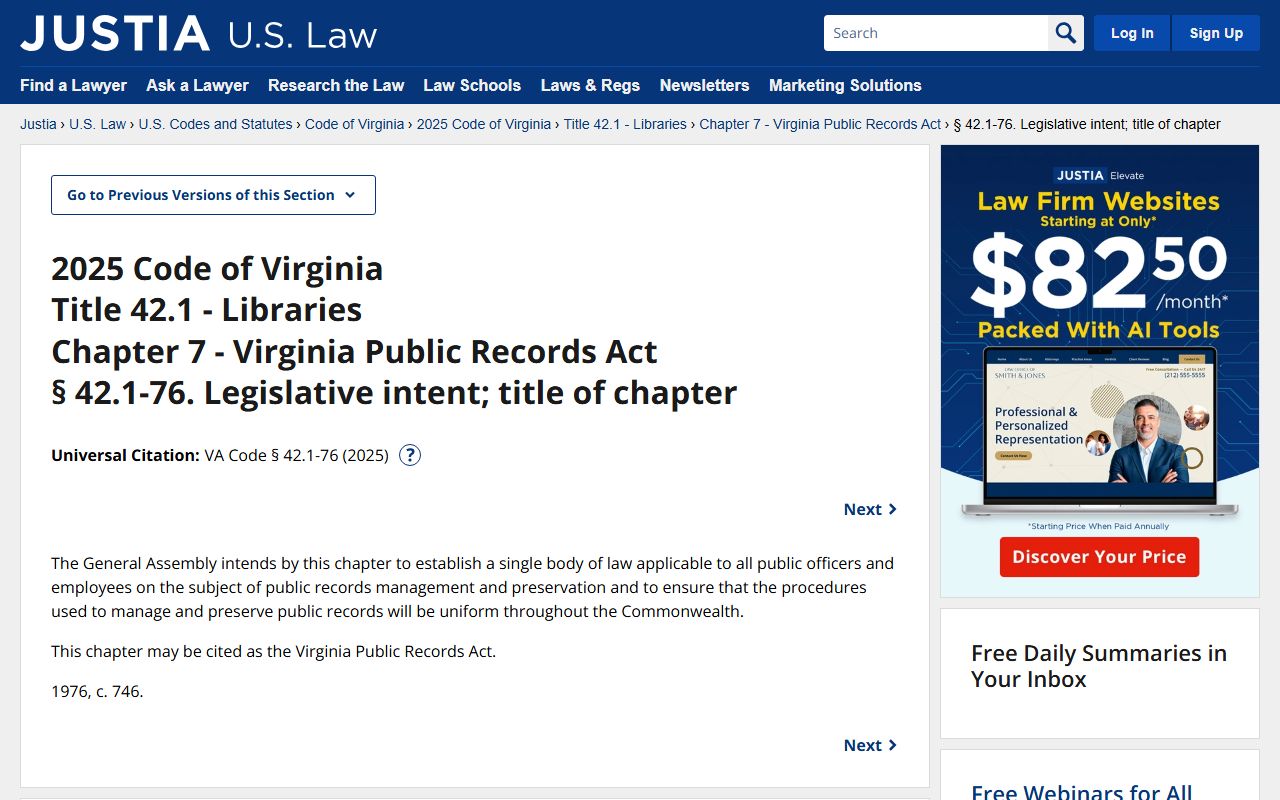 Virginia Public Records Act section 42.1-76 records retention and management