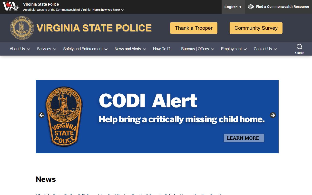 Virginia State Police website - main source for Virginia arrest records and criminal history